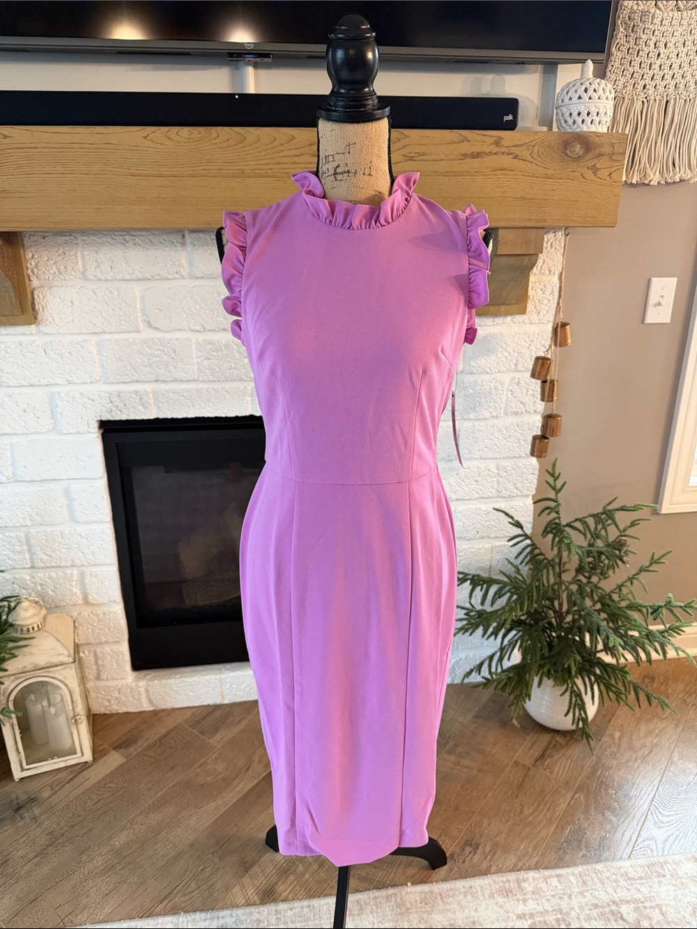 Maggy London Lilac Ruffle-Neck Midi Sheath Dress